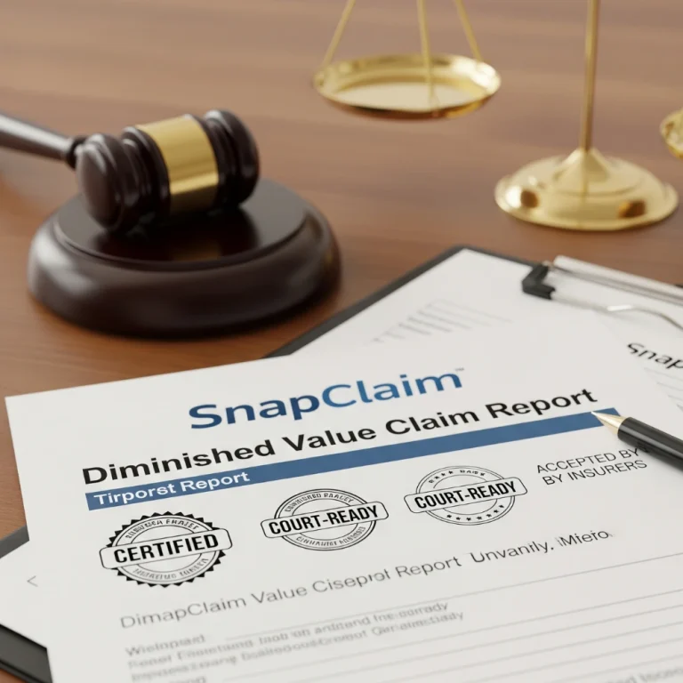 Court-ready diminished value claim report with certified and accepted by insurers stamps, gavel, and legal scales