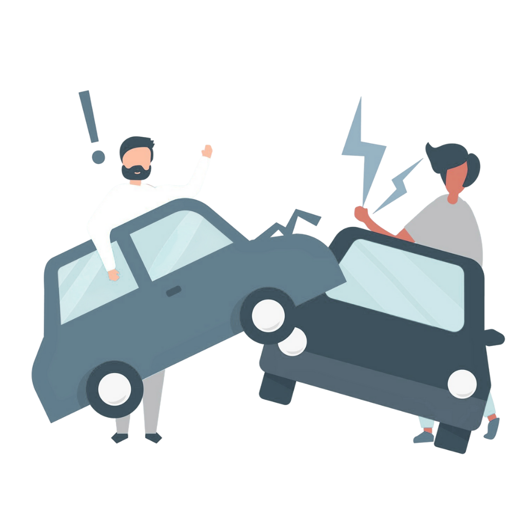 Two animated figures arguing near damaged cars, illustrating post-accident disputes, relevant to diminished value claims and insurance negotiations.