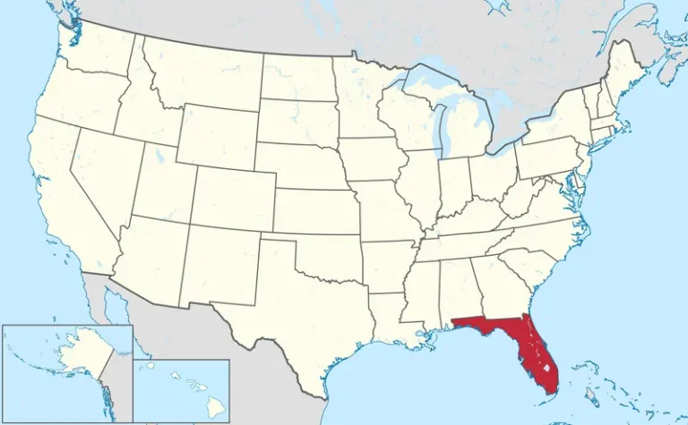 Map of the United States highlighting Florida in red, emphasizing the state relevant for diminished value appraisals and claims.